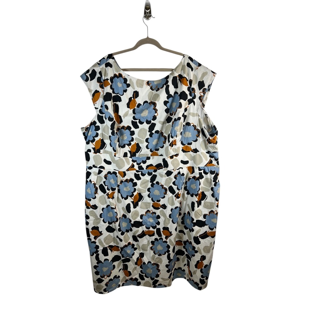Eshakti Floral Sheath Dress Blue‎ White Tan V-Back Cotton Blend Plus Size